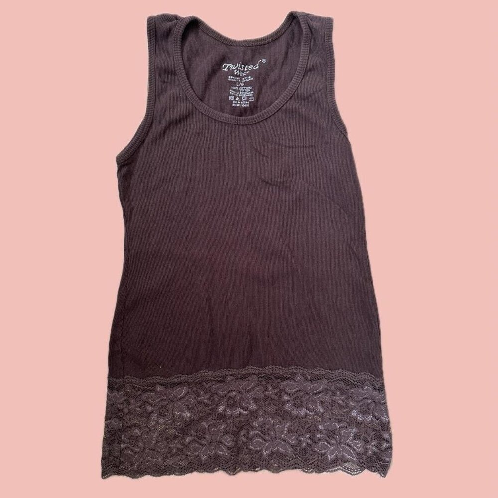 🧡 2 for 10$ Twisted Wear Brown Ribbed Cami – Lace Trim Y2K Classic